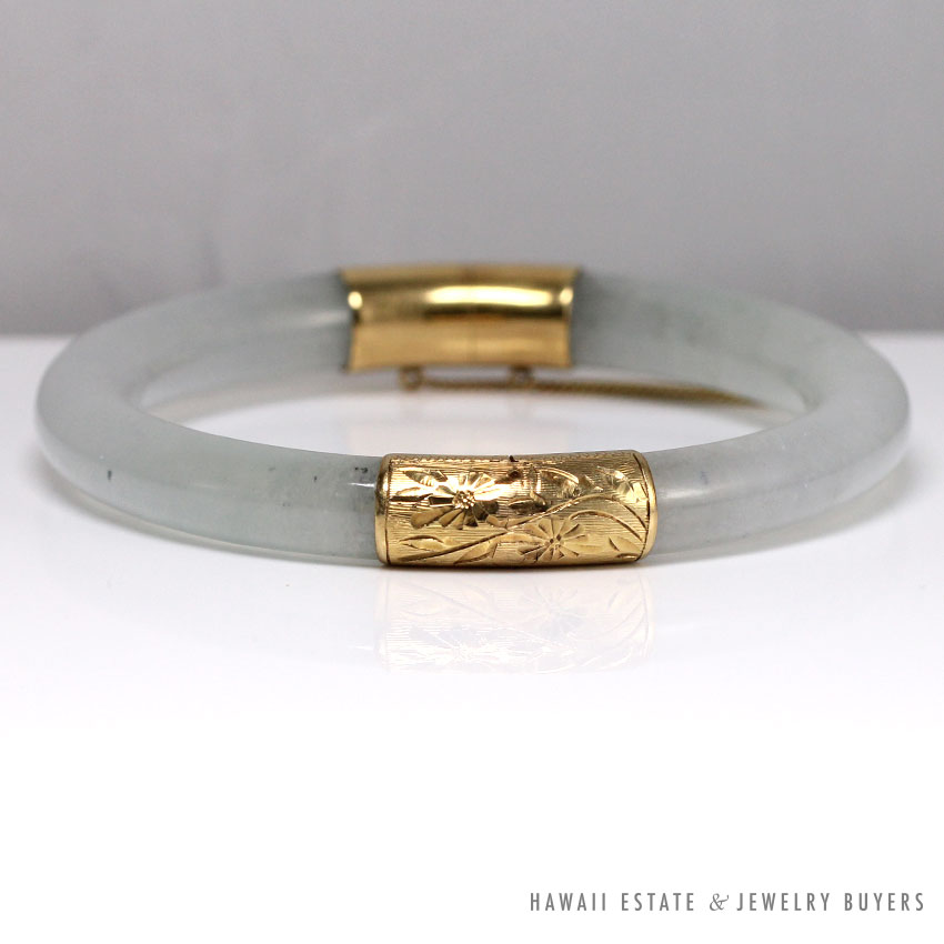 RARE SIGNED MING'S HAWAII 8MM ICE JADE 14K YELLOW GOLD BANGLE BRACELET